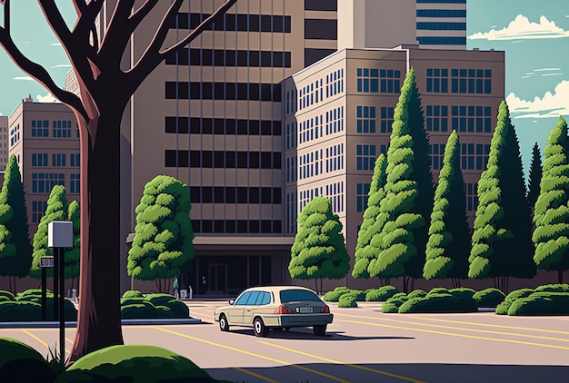 Парковка с видом на городские здания и деревья