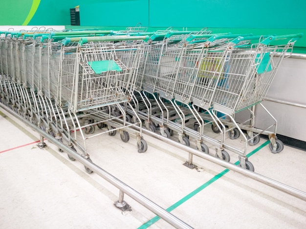 The parking lot of steel trolley or shopping cart in\
supermarket