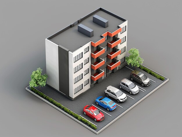 車の駐車場とその前に駐車している赤い車の建物