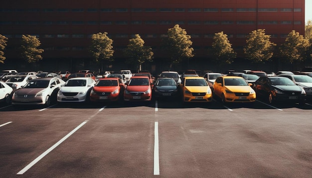 Foto un parcheggio con le macchine in esso e un edificio sullo sfondo