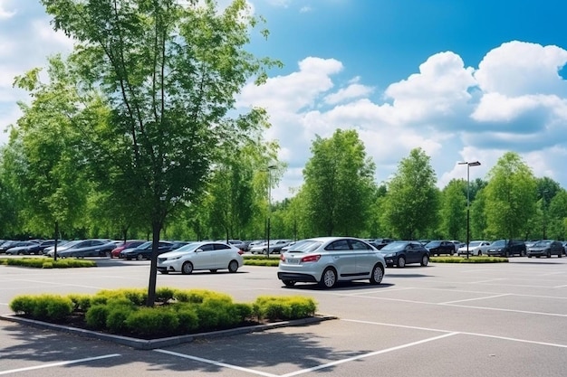 Foto un parcheggio con le macchine e un albero al centro