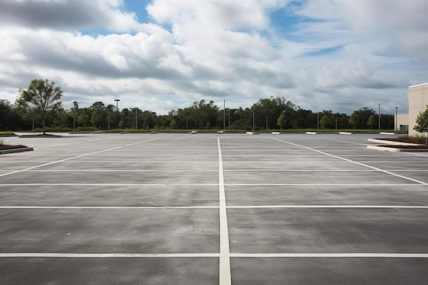 Photo a parking lot with a concrete parking lot and trees in the background