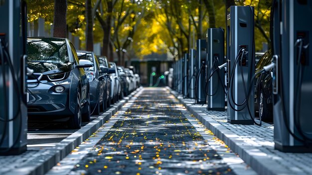 Photo parking lot with electric car charging stations for electric vehicles concept electric vehicles sustainable transportation green energy charging infrastructure ecofriendly technologies