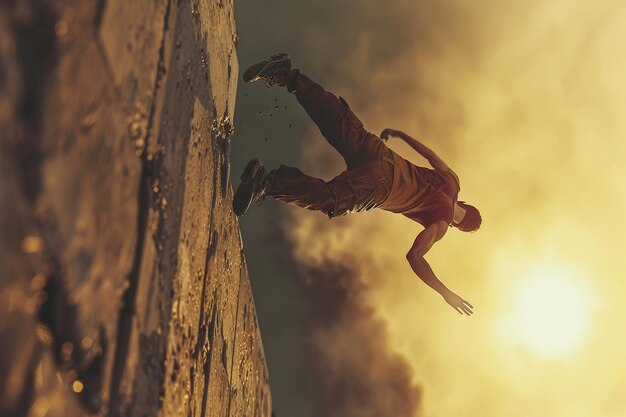 Foto atleta di parkour che esegue un lancio perfetto dopo un'ora