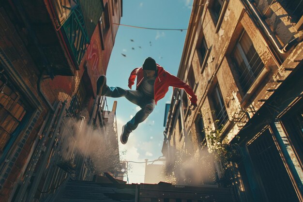 Foto un appassionato di parkour che salta gli ostacoli in un ur