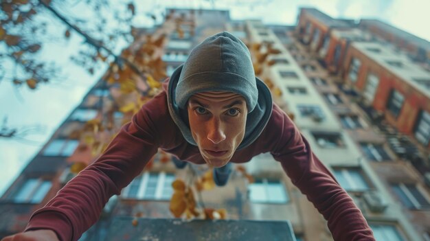 Foto parkour instructeur gekleed in atletische en flexibele kleding