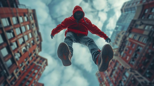 Photo parkour practitioner jumping across rooftops