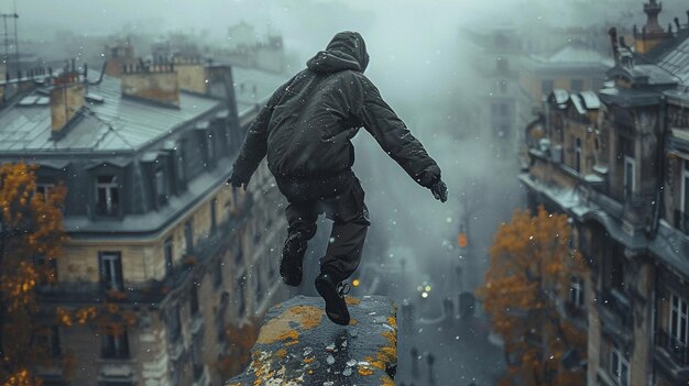 Parkour practitioner jumping across rooftops