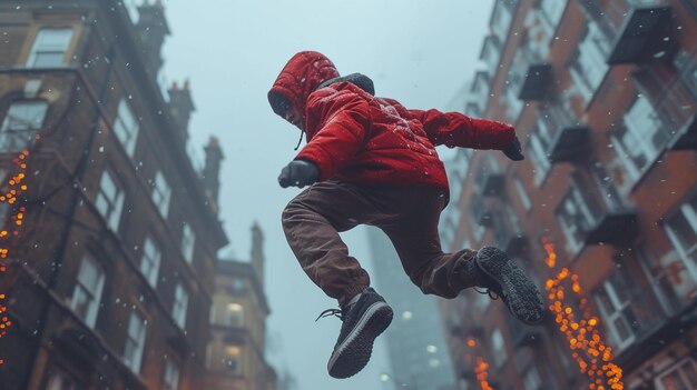 Photo a parkour practitioner leaping and tumbling background