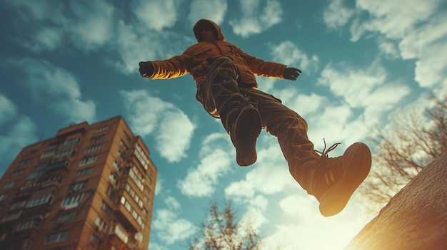 Photo a parkour practitioner leaping and tumbling background