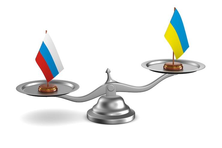 Фотография переговоры между россией и украиной на белом фоне. 3d иллюстрации