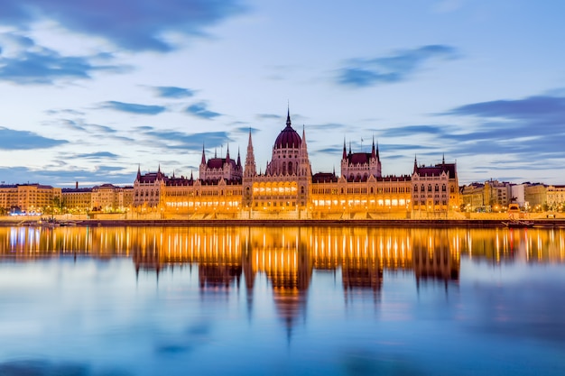 Parliament and riverside in Budapest Hungary during sunrise