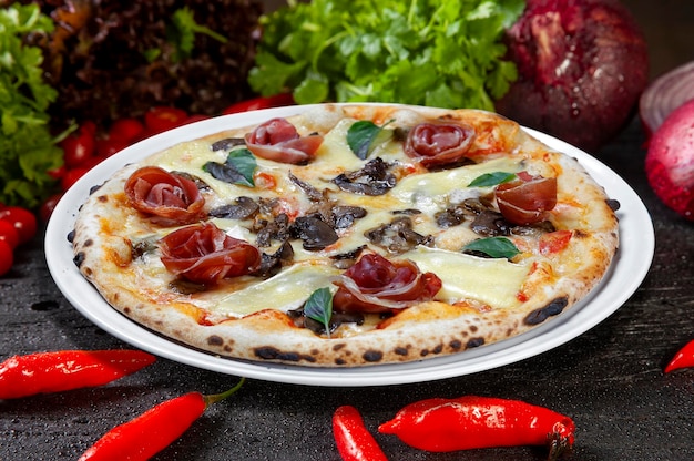 Parma ham pizza with mushrooms