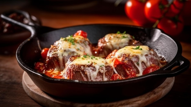 Parmegiana Steak isolated also known as Filet Parmegiana in a black iron pan on a wooden fire
