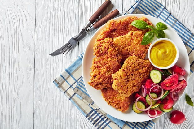 Parmesan breaded chicken breast cutlets with salad