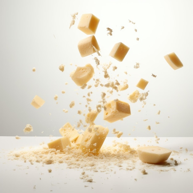 Parmesan cheese flying in different directions with crumbs on a white background Generative AI