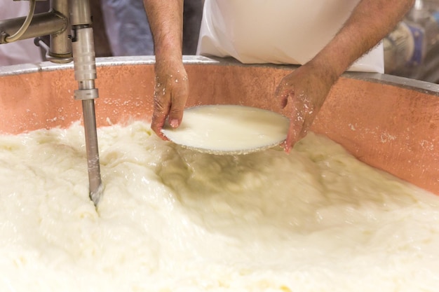 Процесс производства сыра пармезан в Болонье, Италия