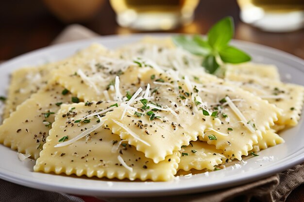 Photo parmesan cheese shavings on a plate of ravioli