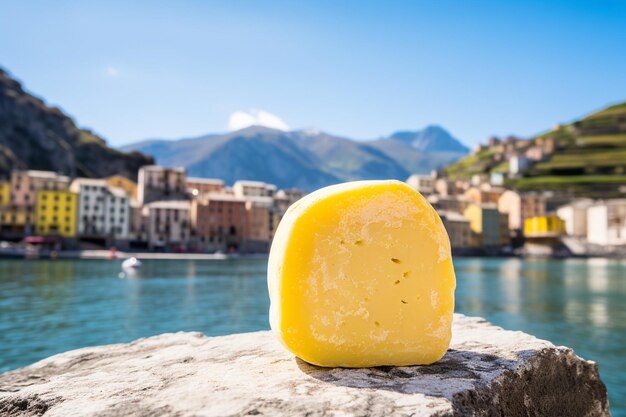 Photo parmesan cheese with a backdrop of italian scenery