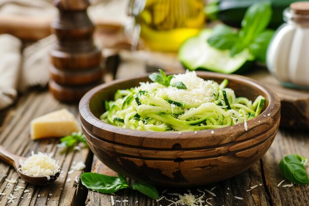 Photo parmesan cheese with a bowl of zucchini noodles