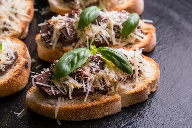 Parmesan and chocolate bruschetta with basil leaves