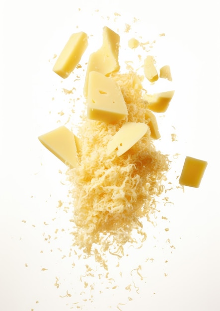 Parmesan kaas die in verschillende richtingen vliegt met kruimels op een witte achtergrond Generatieve AI