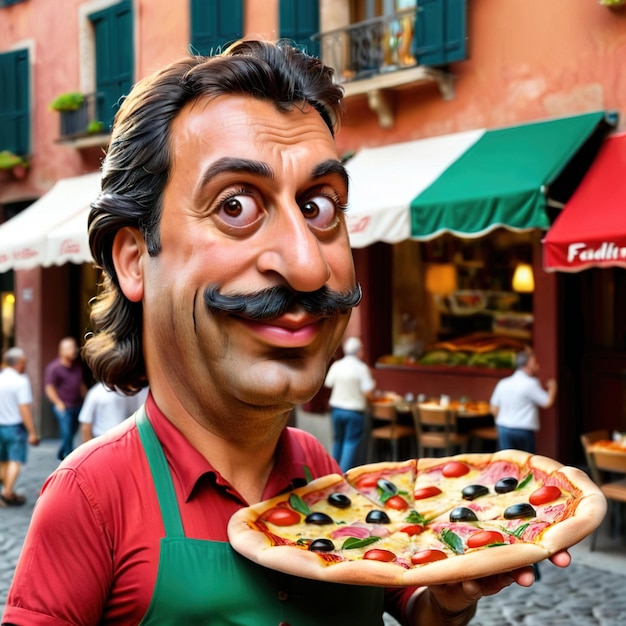 Foto parodie cartoon van een italiaanse man die pizza draagt