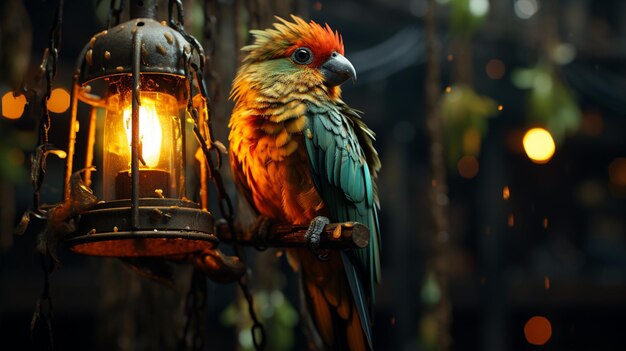 parokeet inside the cage case hanging in the tree Night background