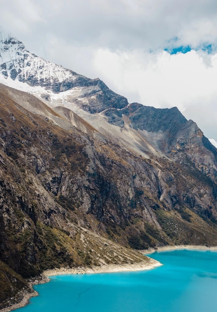 Paron lagoon, at Huascaran National Park, Peru. A blue lake in the Cordillera Blanca on the Peruvian