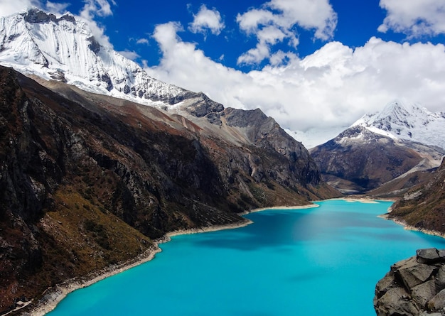 Paron lagoon, at Huascaran National Park, Peru. A blue lake in the Cordillera Blanca on the Peruvian