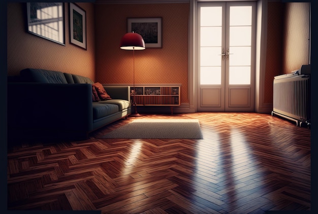 Parquet flooring in a fuzzy living room