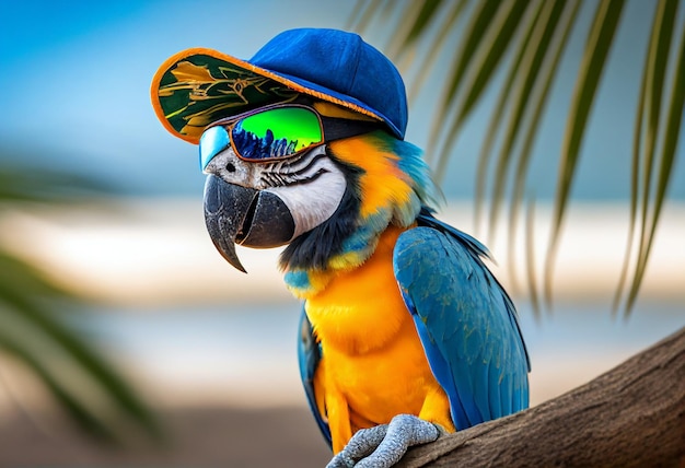 Parrot ara in sunglasses and cap at the sea ai generated