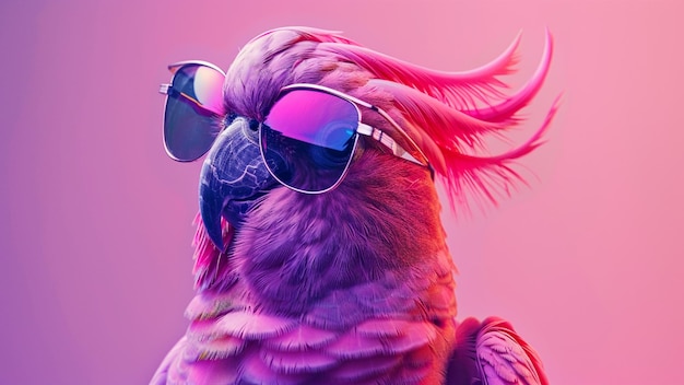 parrot bird wearing sunglasses in solid purple background