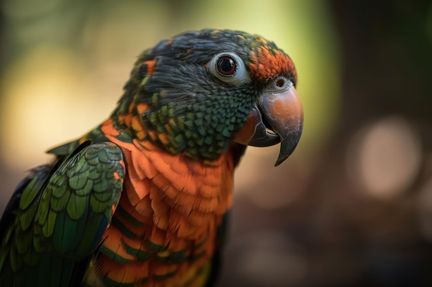 parrot close up with blurred forest in the background