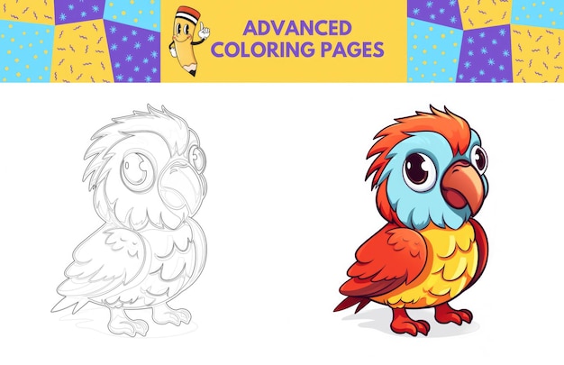 Photo parrot coloring page with colored example for kids coloring book