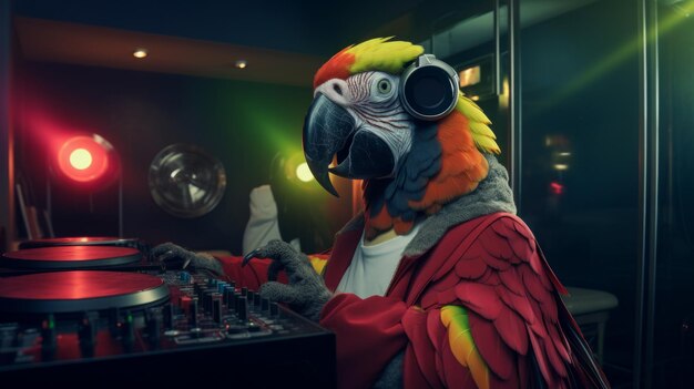 Photo parrot dj playing in a night music club for a dancing audience