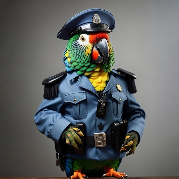 Parrot dress like a police cop isolated