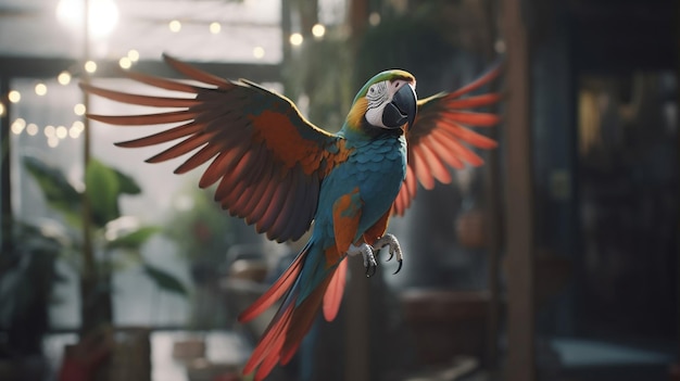 A parrot in flight with the word parrot on the left