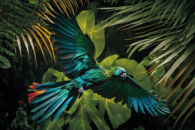 生成 AI で作成された、エメラルド グリーンの羽を見せてジャングルの天蓋の上を飛ぶオウム