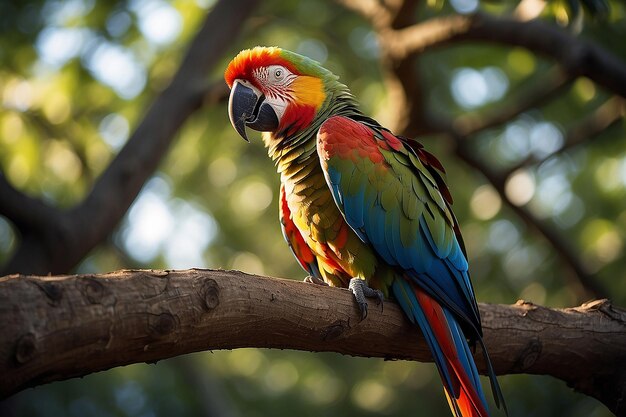 Parrot Green red mixed parrot bird in the deep forest tree branch