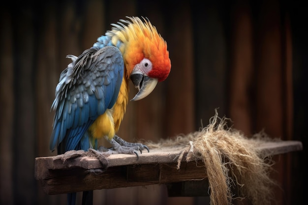 Parrot grooming its feathers on a rustic wooden perch