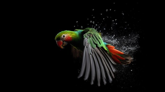 Photo a parrot is flying in the air with water droplets on it.