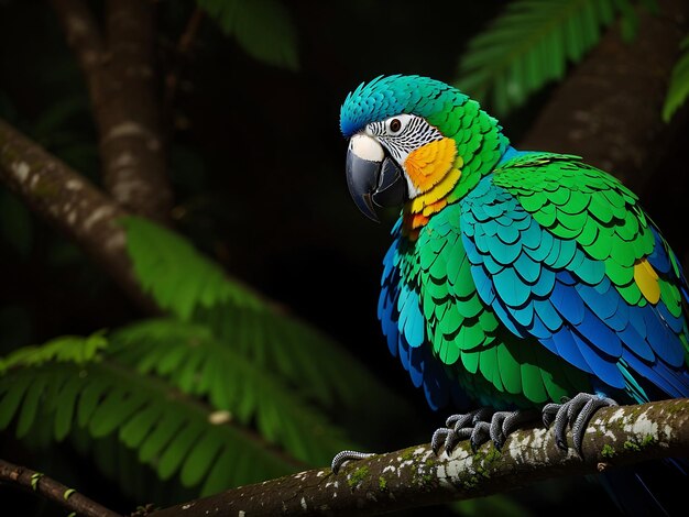 A parrot is sitting on a branch in a tropical setting