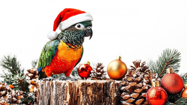 パイノコーンとクリスマスツリーの木材の上に座っているオオカミ