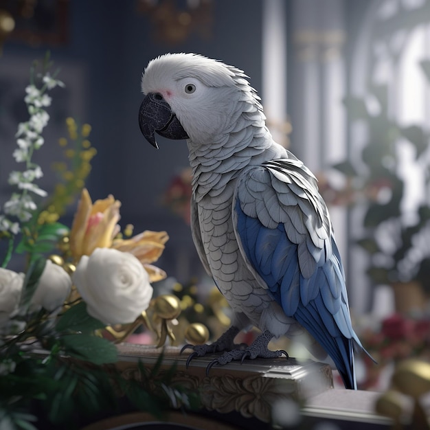 A Parrot on an ivory colored board with a floral look Generative AI