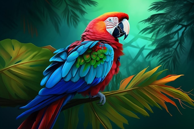 A parrot in a jungle with a green background