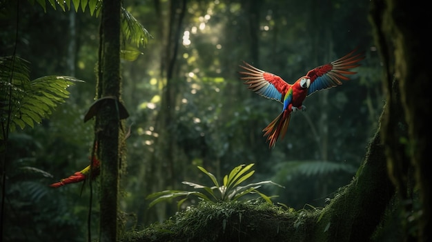 A parrot in the jungle with a green background