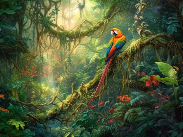 A parrot in a jungle with a jungle background