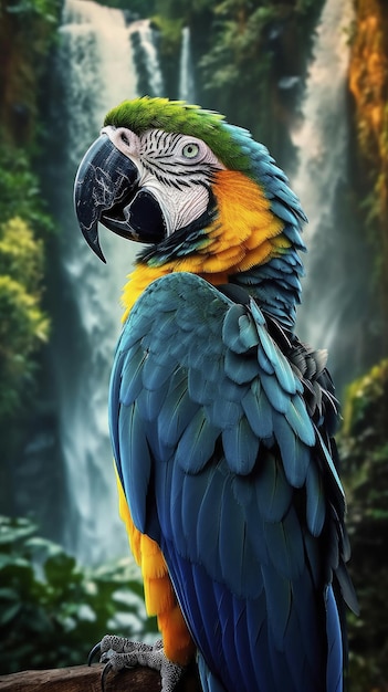 A parrot macaw with a blue and yellow face sits in front of a waterfall in brazil