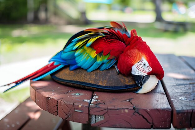 Parrot napping on a pirate hat on a rustic picnic table